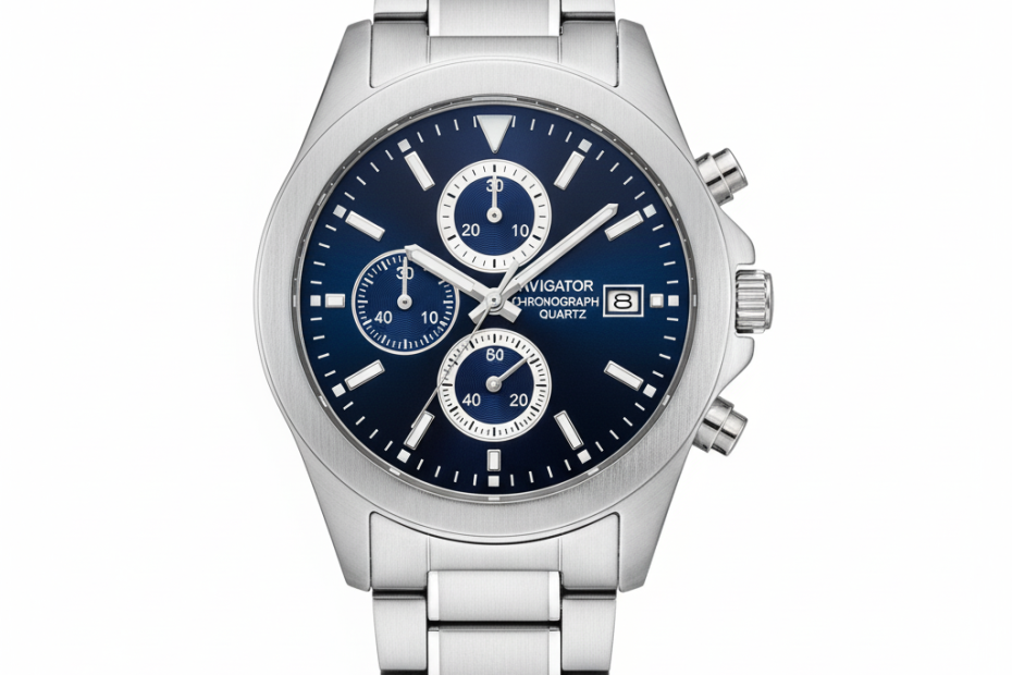 Eleganter Chronograph mit blauem Zifferblatt und Edelstahlarmband – sportlich-elegante Herrenuhr mit Stoppfunktion und Datumsanzeige.