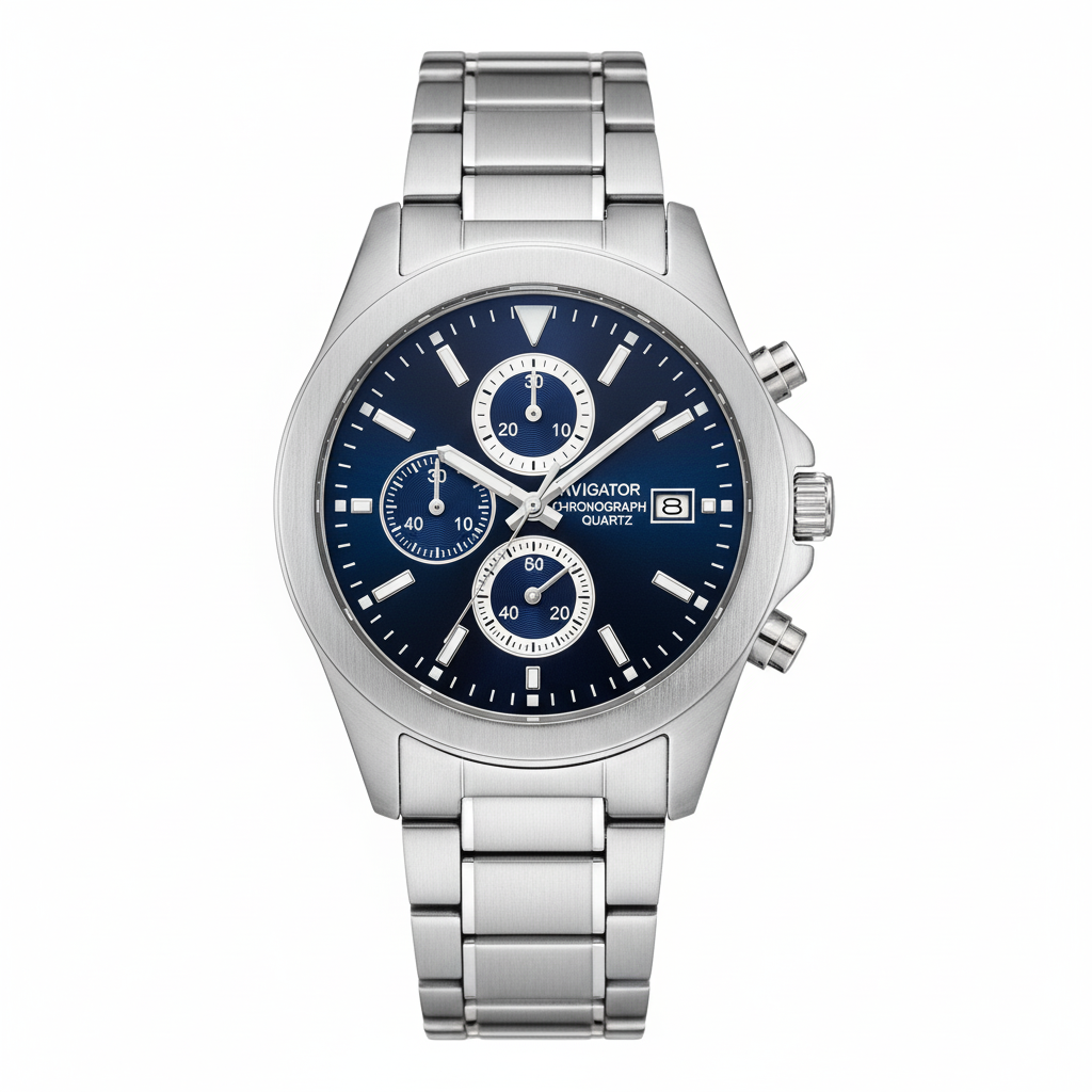 Eleganter Chronograph mit blauem Zifferblatt und Edelstahlarmband – sportlich-elegante Herrenuhr mit Stoppfunktion und Datumsanzeige.