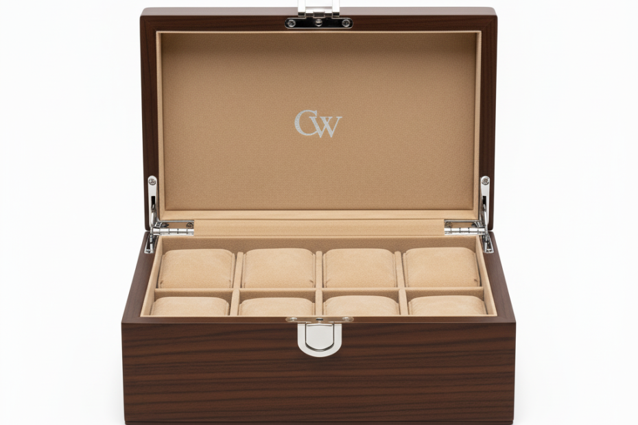 Uhrenbox aus Holz mit Samtfutter für sechs Armbanduhren