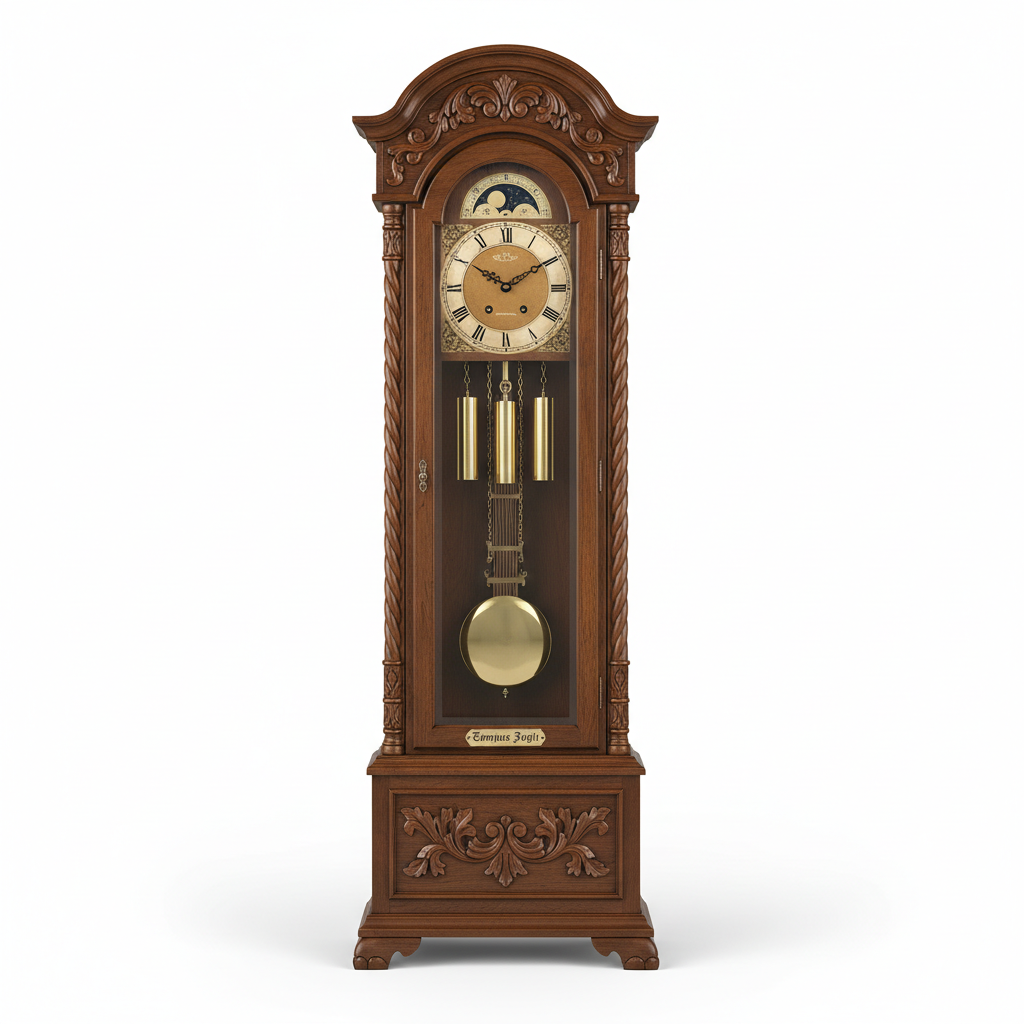 Klassische restaurierte Standuhr aus poliertem Walnussholz mit feinen Schnitzereien, Messingzifferblatt, sichtbarem Pendel und Gewichten hinter Glas, auf weißem Hintergrund.