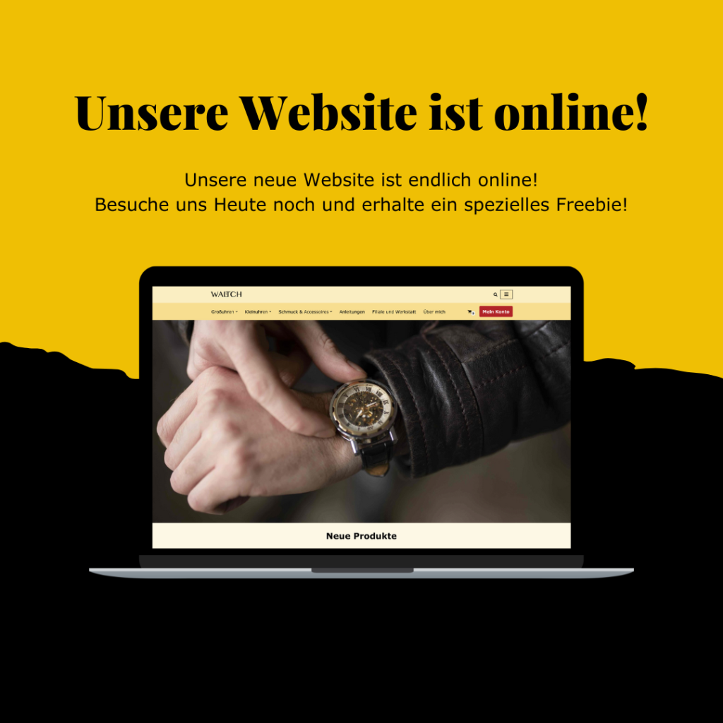 Laptop mit geöffneter Website von WALTCHES – Ankündigung des neuen Online-Shops für Uhren
