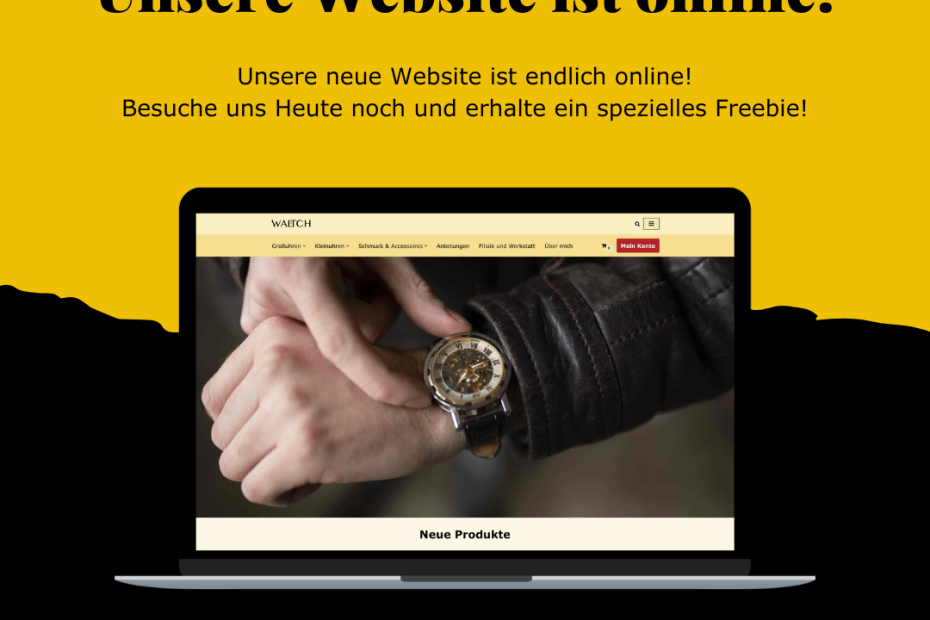 Laptop mit geöffneter Website von WALTCHES – Ankündigung des neuen Online-Shops für Uhren